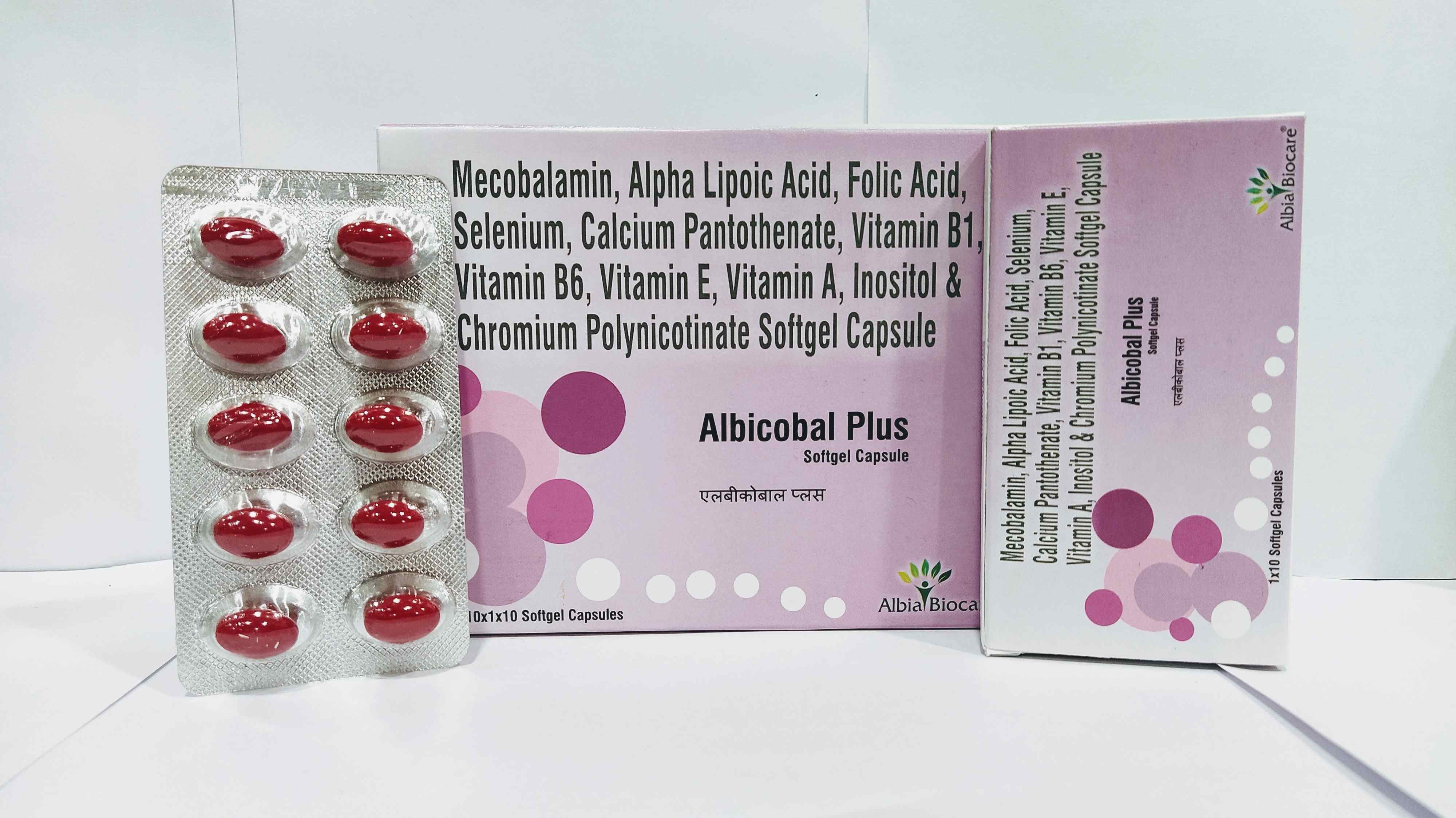 ALBICOBAL-PLUS Softgel | Mecobalamin 1500 mcg + Alpha Lipoic Acid 100 mg + Folic Acid 1.5 mg + Selenium Dioxide 163.6 mcg + Calcium Pantothenate 10 mg + Vitamin B1 10 mg + Vitamin B6 1.5 mg + Vitamin E 25 IU + Inositol 100 mg + Chromium Polynicotinate  200 mcg  + Vitamin A 5000 IU