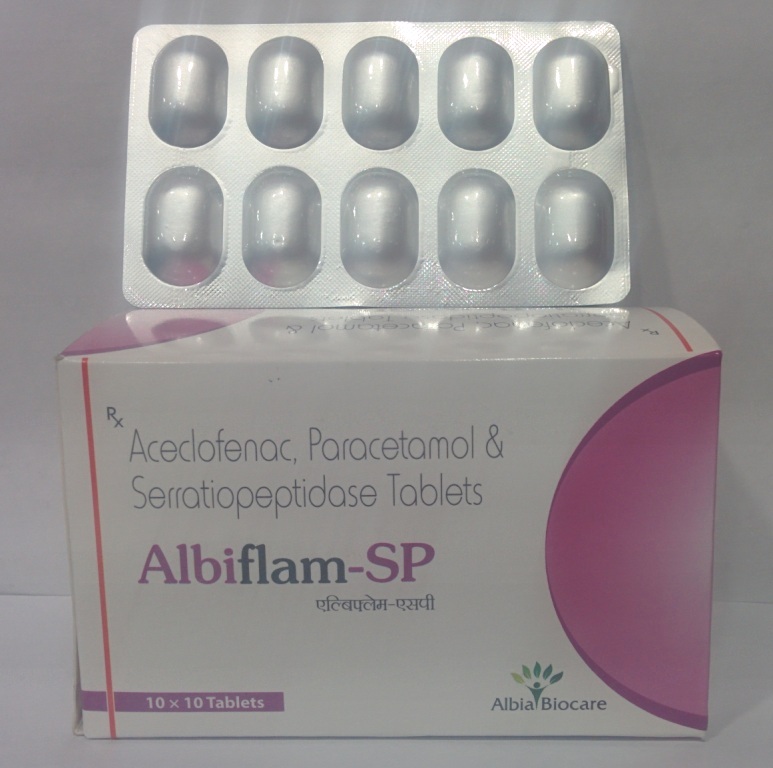 ALBIFLAM-SP TAB. | Aceclofenac 100 mg + Paracetamol 325 mg + Serratiopeptidase 10mg (Alu-Alu)