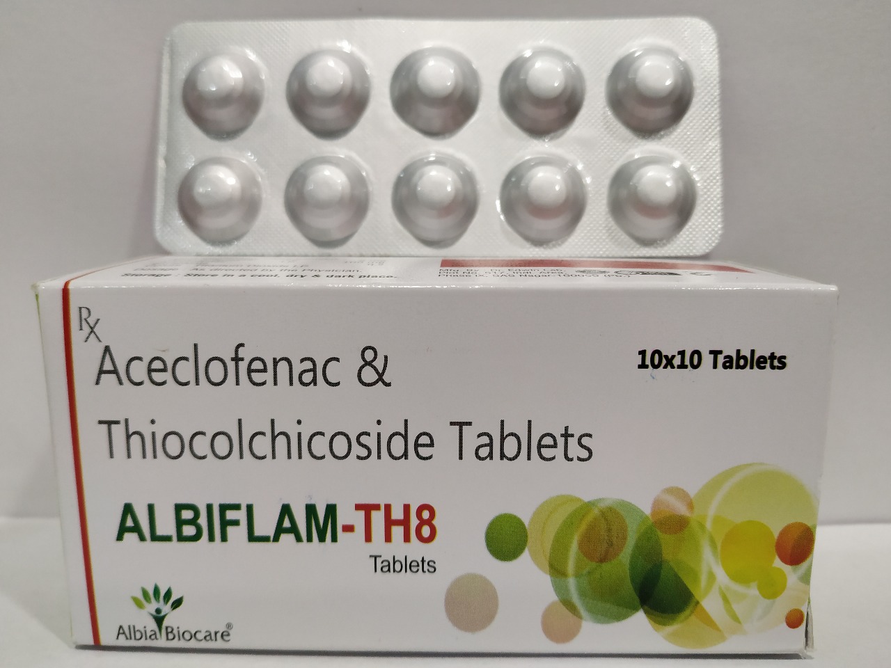 ALBIFLAM-TH8 Tablet | Aceclofenac 100mg + Thiocolchicoside 8mg 