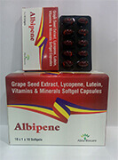 ALBIPENE SOFTGEL | Grape Seed Extract 25mg + Zinc Sulphate Monohydrate 12mg + Lutein 8% 3mg + Lycopene 6% 2mg + Vitamin A Conc. 5000 I.U.+ Vitamin B1 1.4 mg + Vitamin B2 1.6 mg + Vitamin B6 1.5mg + Vitamin B12 1 mcg + Folic Acid 200 mcg + Selenium Dioxide 75mcg