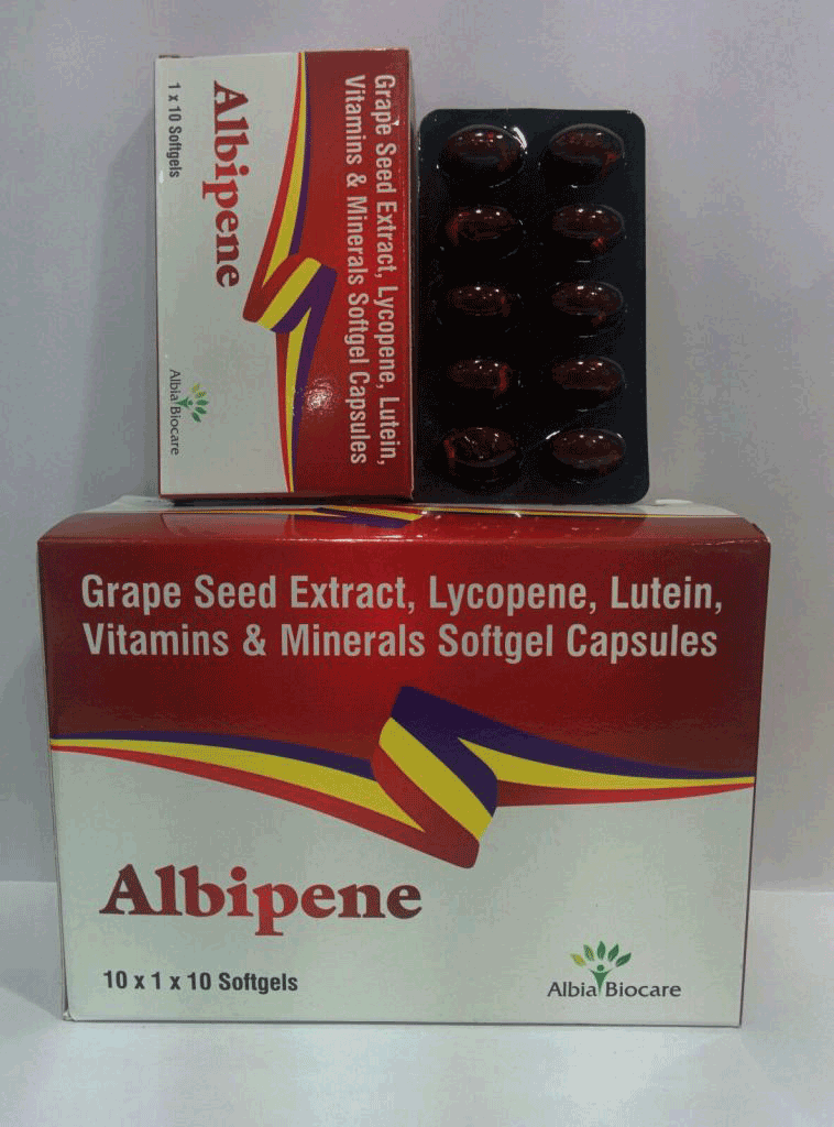 ALBIPENE SOFTGEL | Grape Seed Extract 25mg + Zinc Sulphate Monohydrate 23 mg + Lutein 8% 3mg + Lycopene 6% 2mg + Vitamin A Conc. 5000 I.U.+ Vitamin B1 5mg + Vitamin B2 5mg + Vitamin B6 1.5mg + Vitamin B12 15 mcg + Folic Acid 1.5 mg +  Selenium Dioxide 75mcg