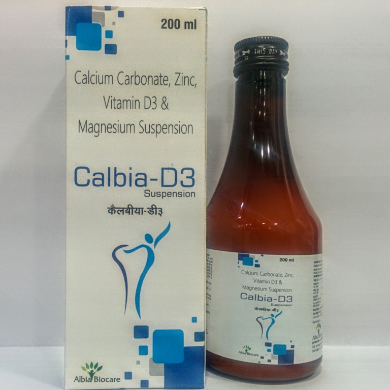 CALBIA-D3 SUSP. | Calcium Carbonate eq. to Calcium 250mg + Vitamin D3 200 I.U. + Zinc 2mg + Magnesium 75mg (per 5 ml)