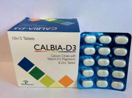 CALBIA-D3 TAB. | Calcium Citrate 1000mg +Magnesium 100mg + Vitamin D3 200I.U.+ Zinc 4mg